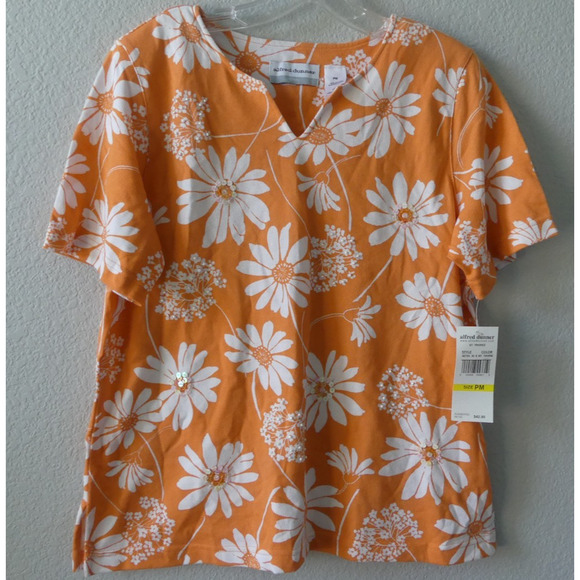 Alfred Dunner Short Sleeve Top PM Floral Sequin Petite Orange White Summer - Picture 1 of 8